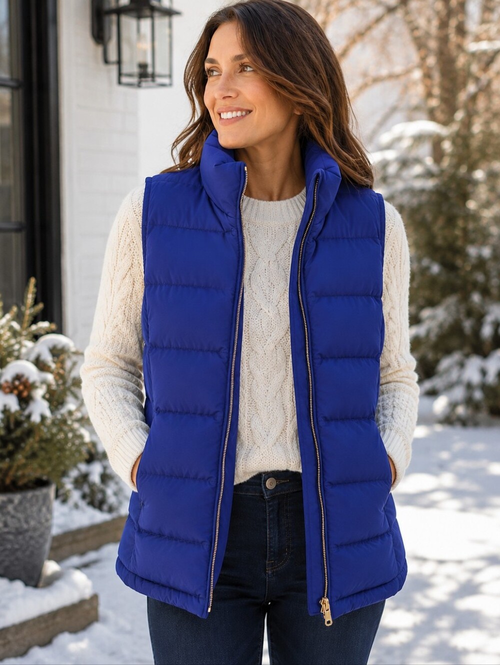 Talbots Royal Blue Quilted Puffer Vest with Gold Hardware Zip Front M Petite